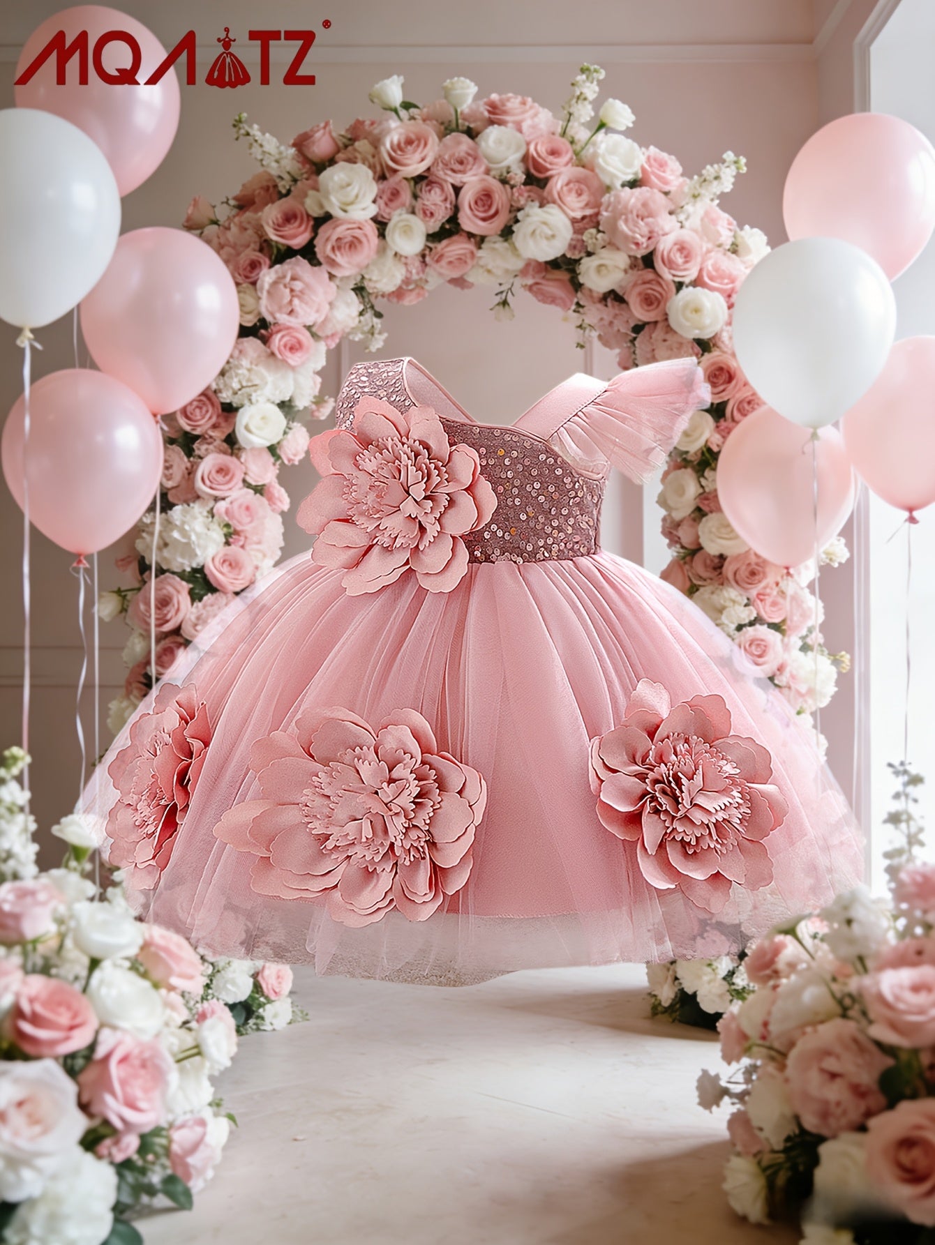 Robe de princesse étincelante pour bébés filles, avec des manches à volants et des décorations florales tridimensionnelles élégantes, parfaite pour les fêtes d'anniversaire et les réunions