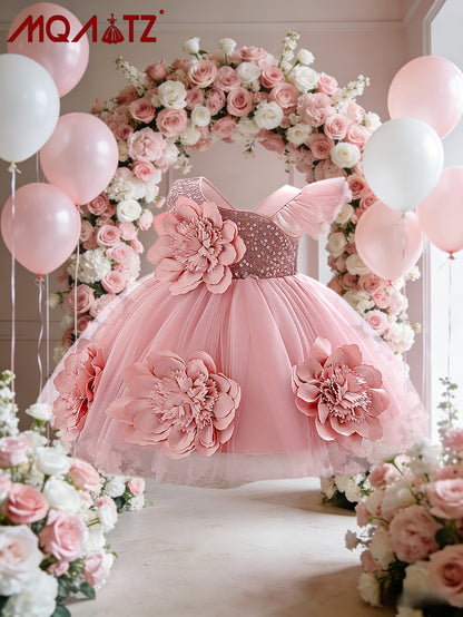 Robe de princesse étincelante pour bébés filles, avec des manches à volants et des décorations florales tridimensionnelles élégantes, parfaite pour les fêtes d'anniversaire et les réunions