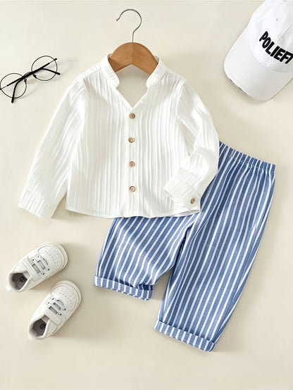 Ensemble chemise à manches longues et pantalon uni et à rayures pour garçon, adapté à un usage quotidien, idéal pour les sorties décontractées, les vacances et le sport. Le tissu léger convient à l'été et à l'automne, parfait pour l'extérieur
