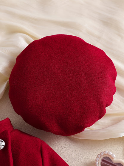 Ensemble robe rouge vintage pour fille pour automne/hiver, tenue de la Saint-Valentin, T-shirt avec jupe courte boutonnée asymétrique + béret, ensemble robe pour fille à la mode et exquis, convient pour les occasions importantes, les fêtes et les banquets