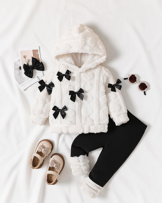 Ensemble Le Cocon d'Or blanc et noir en polyester doux avec capuche, nœuds décoratifs et pantalon assorti