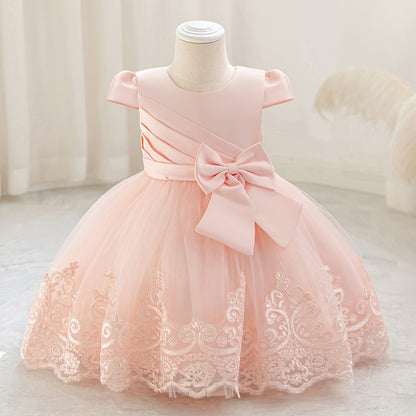 Nouvelle robe de 1er anniversaire avec nœud, jupe de princesse florale, tutu en tulle et maille pour enfants, robe de scène de piano pour filles, robe de princesse en maille brodée 3D