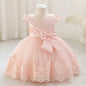 Nouvelle robe de 1er anniversaire avec nœud, jupe de princesse florale, tutu en tulle et maille pour enfants, robe de scène de piano pour filles, robe de princesse en maille brodée 3D