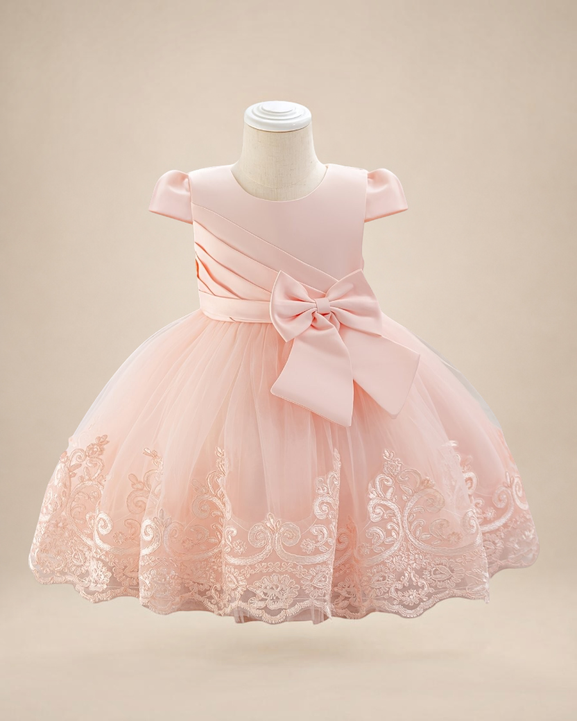 Robe de cérémonie Le Cocon d'Or pour bébé fille, rose pâle en tulle avec broderies florales, manches volantées et nœud