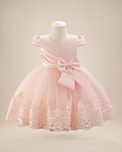 Robe de cérémonie Le Cocon d'Or pour bébé fille, rose pâle en tulle avec broderies florales, manches volantées et nœud