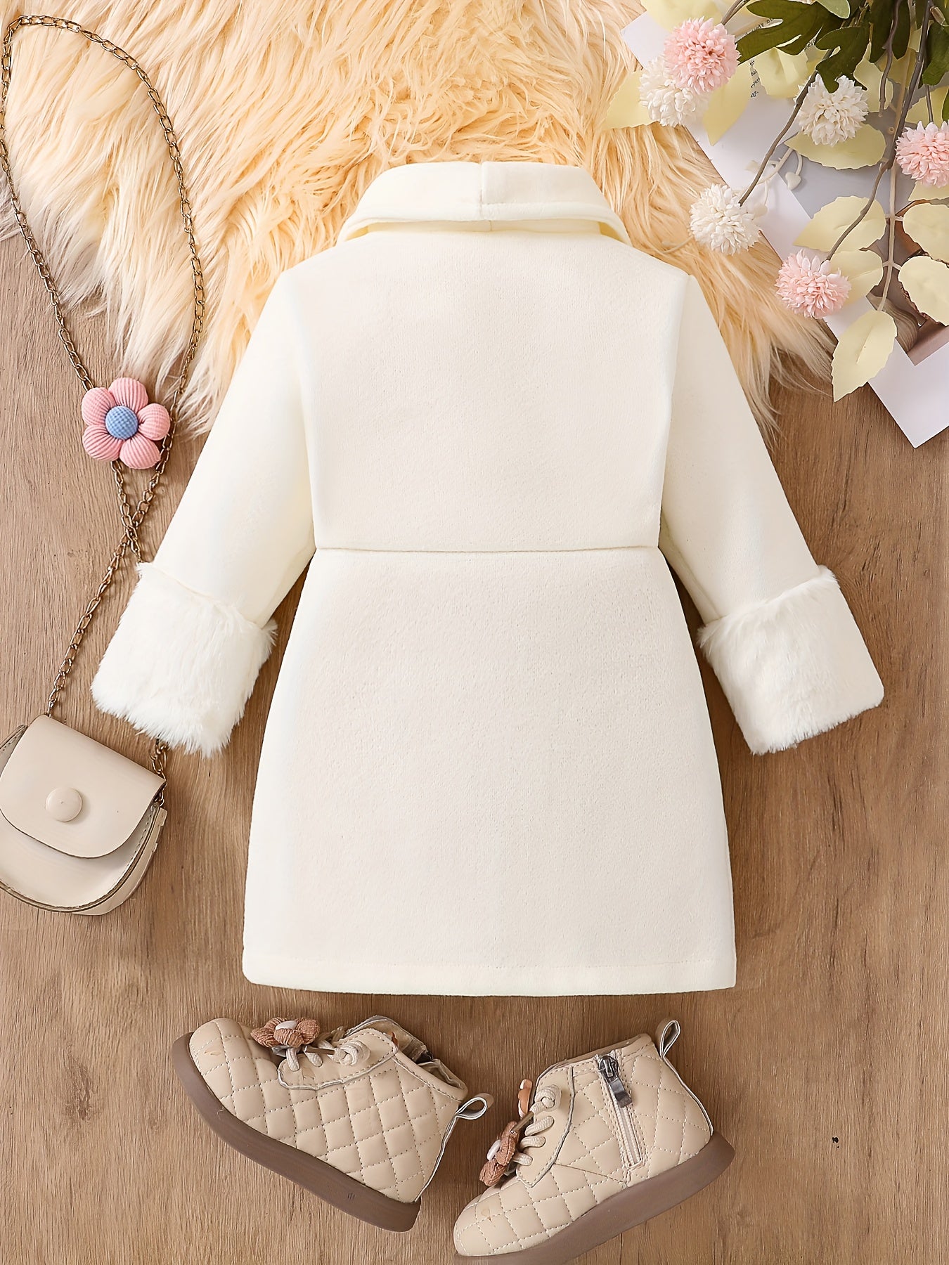 Veste coupe-vent basique décontractée et tendance pour fille, chaude pour l'hiver, pour enfant, de couleur unie, avec une conception simple à cordon de serrage à la taille, des manches à poignets en fausse fourrure et un revers doublé, vêtement d'extérieu