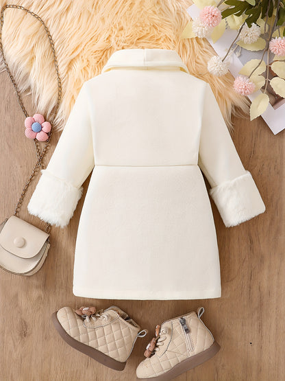 Veste coupe-vent basique décontractée et tendance pour fille, chaude pour l'hiver, pour enfant, de couleur unie, avec une conception simple à cordon de serrage à la taille, des manches à poignets en fausse fourrure et un revers doublé, vêtement d'extérieu