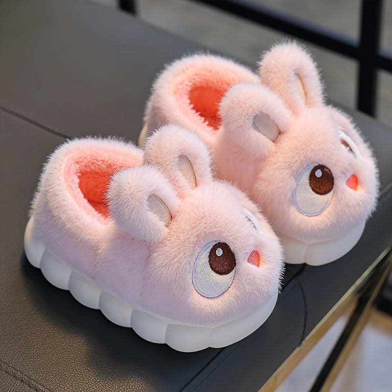 1 Paire de Pantoufles de Lapin en Peluche pour Jeunes - Tissu Souple avec Semelle en PVC Antidérapante, Chaussures d'Intérieur Légères pour Garçons et Filles, Design de Lapin de Dessin Animé Mignon, Chaussures d'Hiver Chaudes pour Tout-Petits et Enfants,