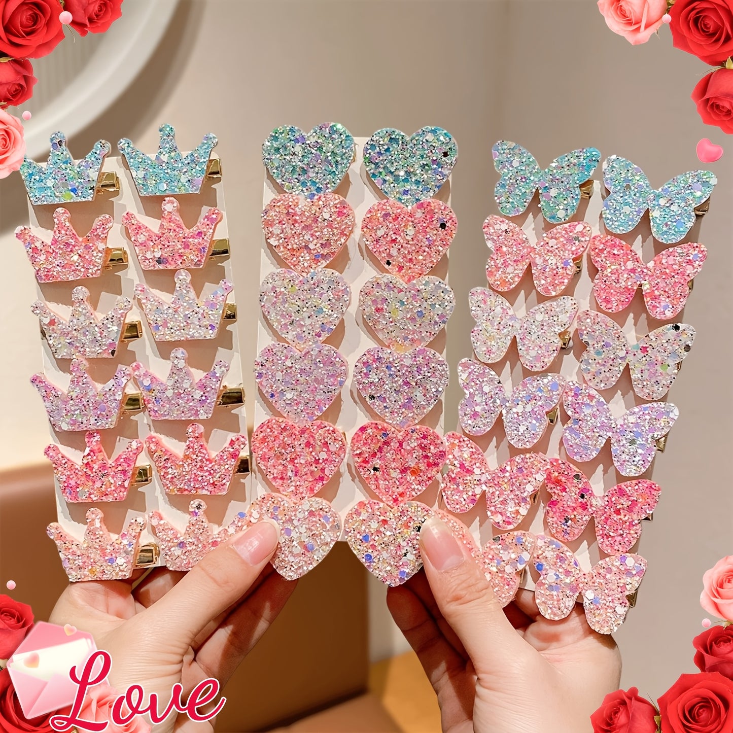 Lot de 12 pinces à cheveux ultra-éthérées et ultra-scintillantes papillon, cœur et couronne - Pinces à cheveux douces et exclusives à paillettes pour frange