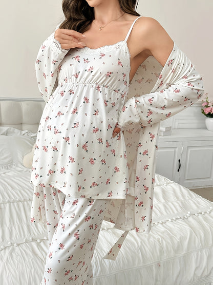 Ensemble Pyjama Maternité 3 Pièces avec Débardeur Dentelle Contrastée, Pantalon et Peignoir pour Femmes Enceintes