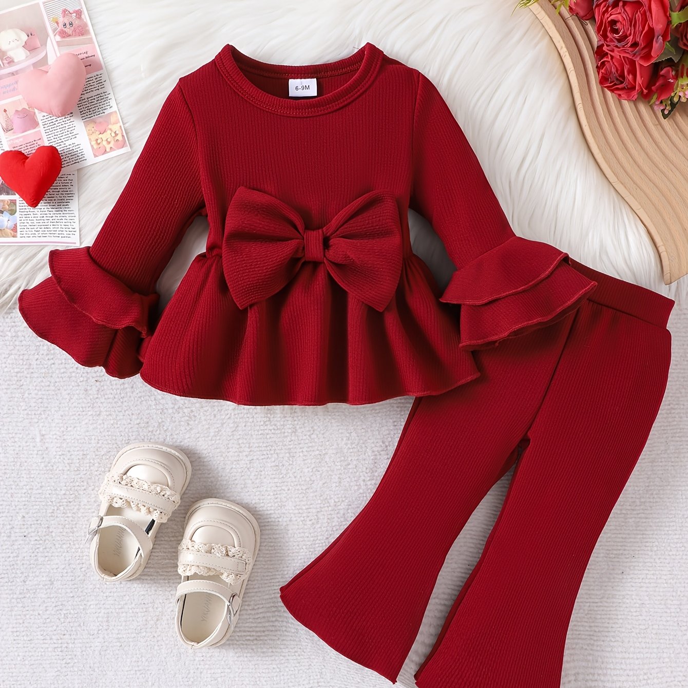 Ensemble élégant et mignon pour bébés et petites filles, comprenant un haut à manches longues et un pantalon long de couleur unie, style fin pour le printemps et l'automne, idéal pour l'extérieur.