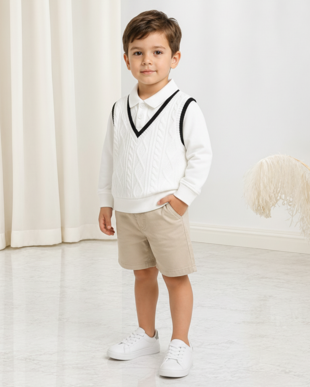 Jeune garçon portant un polo en maille blanc Le Cocon d'Or avec un gilet sans manches assorti et un short beige.