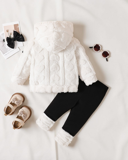 Ensemble Cozy Bow Hooded Set Le Cocon d'Or blanc et noir en polyester doux pour bébé avec capuche texturée