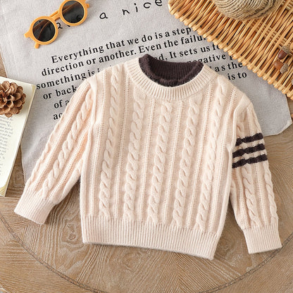 Pull rayé pour garçons - Texture torsadée douce, manches longues, col rond, ensemble chaud pour hiver, printemps et automne, tricot extensible décontracté pour superposition (sans ceinture)