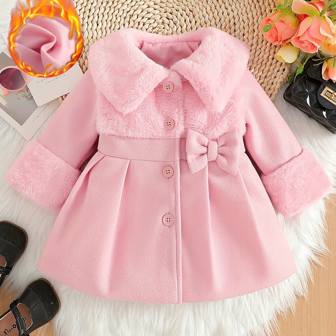 Tenue de la Saint-Valentin pour Fille, Cardigan à Revers en Peluche Irrégulière pour Fille Automne/Hiver avec Patchwork en Fausse Fourrure, Nœud en Mélange, Veste Cardigan à Boutons. Convient pour les Sorties, les Cadeaux, les Vêtements de la Rentrée Scol