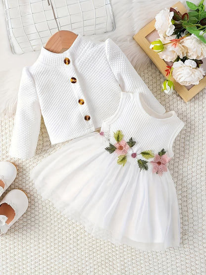 Ensemble décontracté pour fille comprenant une robe à fleurs brodée, une veste et une jupe, idéal pour l'extérieur