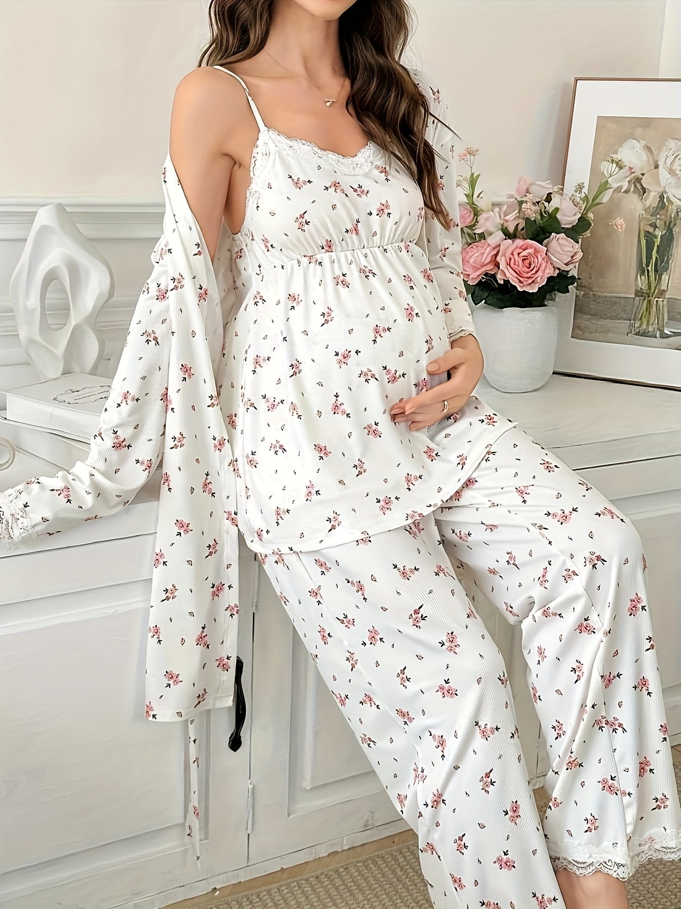 Ensemble Pyjama Maternité 3 Pièces avec Débardeur Dentelle Contrastée, Pantalon et Peignoir pour Femmes Enceintes