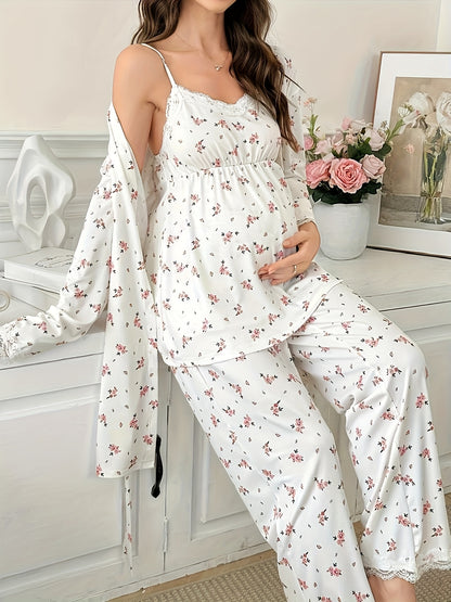 Ensemble Pyjama Maternité 3 Pièces avec Débardeur Dentelle Contrastée, Pantalon et Peignoir pour Femmes Enceintes