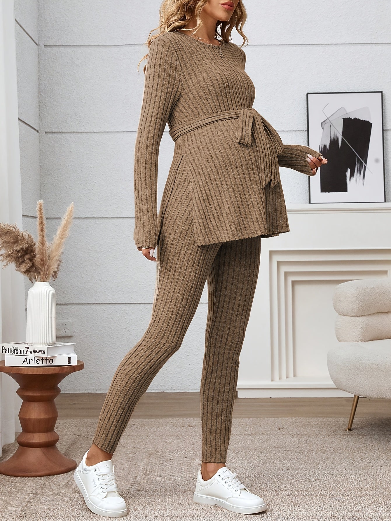 Ensemble T-Shirt à Manches Longues et Pantalon Côtelé avec Fente pour Femmes Enceintes, Couleur Unie