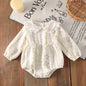 Bébé fille, mignon imprimé floral à manches longues avec col et taille à volants - Tissu tissé respirant doux, design rose clair et blanc, parfait pour le printemps et l'automne, tenue bébé fille, vêtements d'automne pour bébé, vêtements élégants pour béb