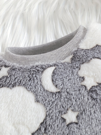 Un haut élégant et polyvalent à manches longues et col rond, couleur blanc uni, associé à un pantalon chaud, parfait pour les bébés garçons pendant l'automne et l'hiver. Cette tenue de nouveau-né est douce et confortable, idéale pour la rentrée scolaire e