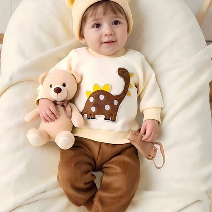 Ensemble deux pièces pour bébé garçon : Haut d'hiver en polaire à col rond et manches longues avec motif dinosaure mignon + Pantalon long décontracté à taille élastique, idéal pour les sorties en extérieur