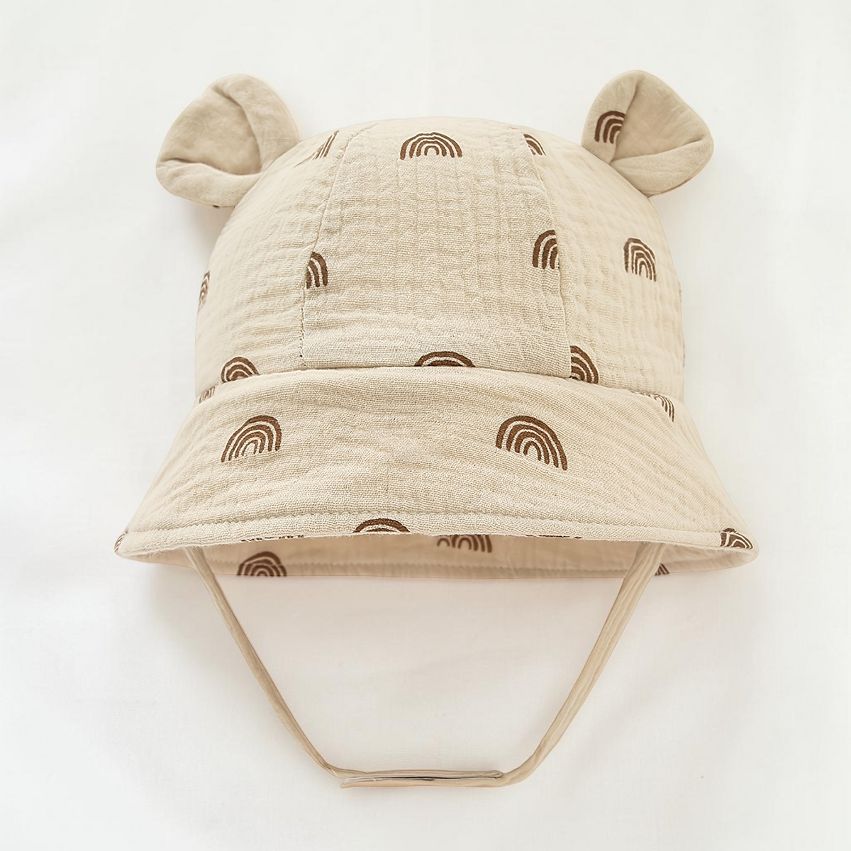 Chapeau bob Le Cocon d'Or en coton beige pour bébé avec motifs arcs-en-ciel et petites oreilles d'ours