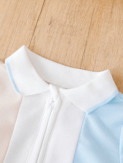 Chemise d'été à manches courtes pour tout-petits, T-shirt à demi-zippeur et à revers en blocs de couleur abricot-bleu-blanc pour bébés garçons, Haut décontracté polyvalent et confortable, Vêtement d'enfant doux, respirant et à la mode pour les sorties quo