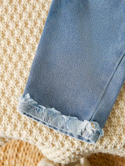 2 pièces Ensemble Denim Fille avec Haut Orné, Tissu à Poches Denim, Jeans Déchirés, Style Décontracté pour Tenue Casual, Idéal pour l'Extérieur