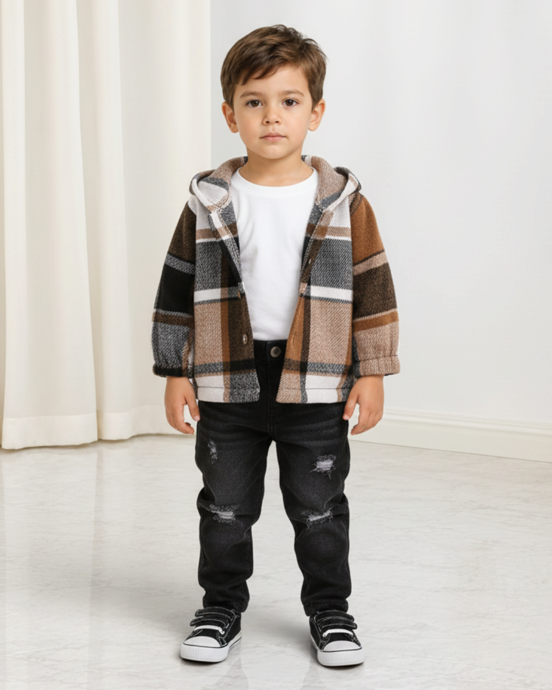 Ensemble Le Cocon d'Or pour garçon avec veste à capuche à carreaux marron et jean noir délavé