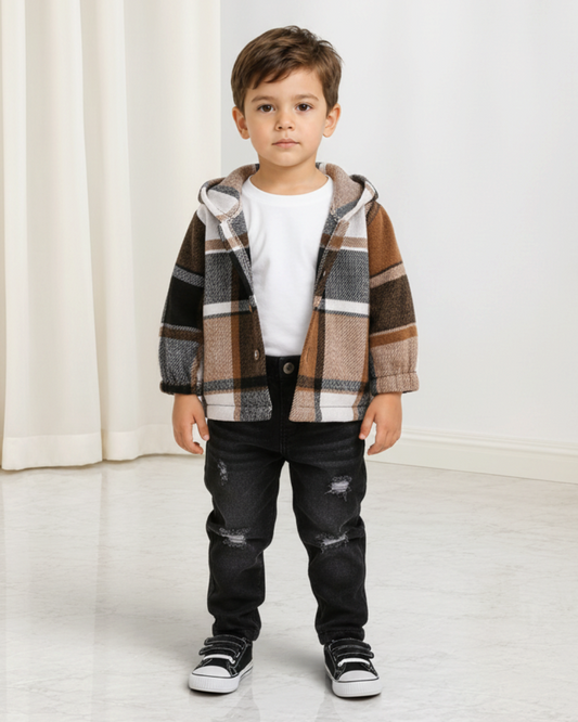 Ensemble Le Cocon d'Or pour garçon avec veste à capuche à carreaux marron et jean noir délavé