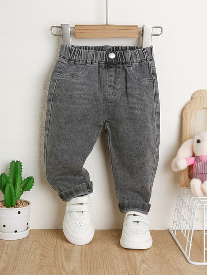 Jeans gris décontractés, confortables et faciles à porter pour bébé fille et garçon, avec ceinture élastique, adaptés à un usage quotidien et polyvalents