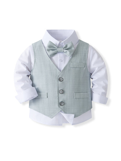 Tenue de Gentleman pour Fête d'Anniversaire Bébé. Vêtements pour Enfants. Costume de Banquet de Mariage Tendance pour Enfants. Chemise et Gilet et Pantalon et Nœud Papillon Ensemble Tendance pour Garçons. Costume de Photographie Formelle pour Bébés. Vêtem