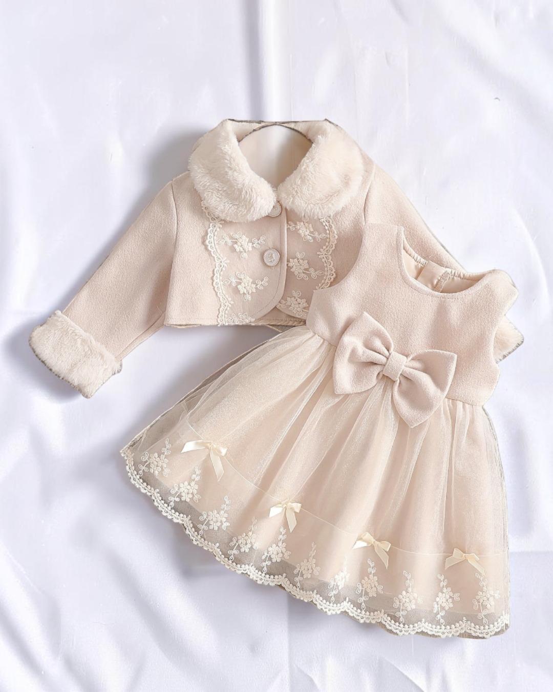 Ensemble Le Cocon d'Or pour bébé fille avec robe en maille et manteau en fausse fourrure beige style princesse