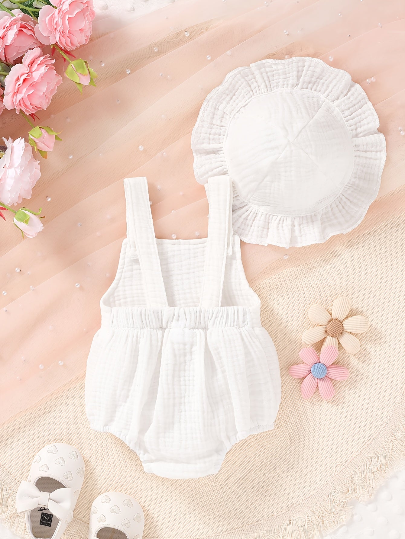 2pcs, Vêtements mignons pour bébés filles, Décontracté, élégant, doux et confortable, Ensemble combinaison et chapeau de couleur unie décoré de nœud, Articles pour bébés, Vêtements pour bébés filles nouveau-nées, Convient pour l'été pour un usage quotidie