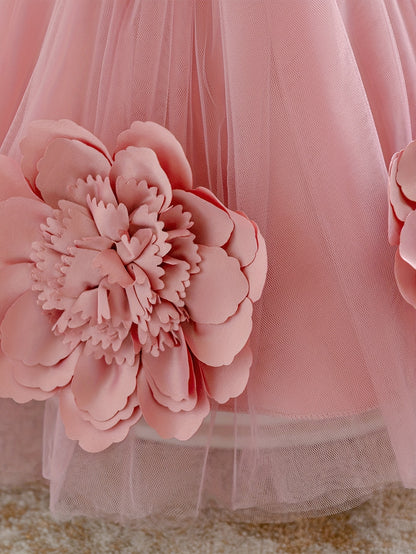 Robe de princesse étincelante pour bébés filles, avec des manches à volants et des décorations florales tridimensionnelles élégantes, parfaite pour les fêtes d'anniversaire et les réunions