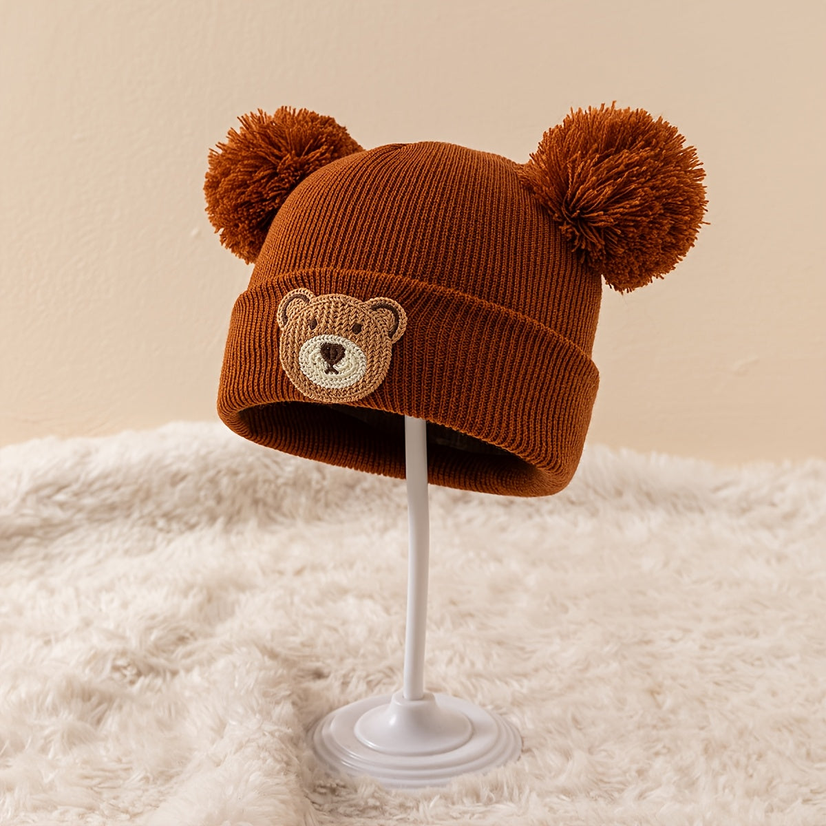 Bonnet d'automne et d'hiver en tricot pour l'extérieur, petit ours à tête ronde et grande tête à double ligne