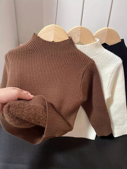 Pull Tricoté, Pull de Base pour Bébé, Plus en Velours et Épaissi, Vêtement Thermique Tricoté, Col Tricoté, Haut à Col Rond