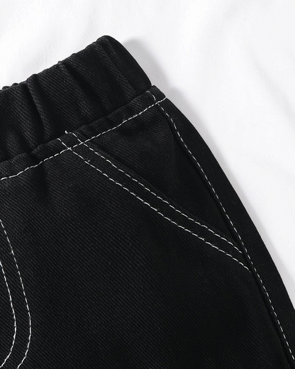 Pantalon en jean noir Le Cocon d'Or pour bébé garçon avec taille élastique et surpiqûres contrastantes blanches