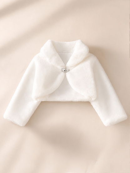 Boléro blanc en fausse fourrure Le Cocon d'Or pour fille avec col à revers et fermeture à bouton bijou élégant
