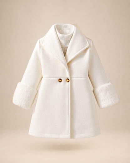 Manteau blanc Le Cocon d'Or pour bébé fille avec col à revers, boutons et poignets en fausse fourrure douce.