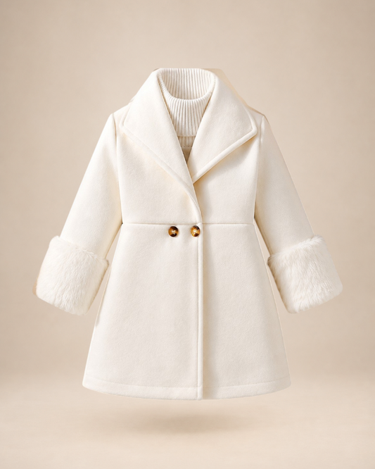 Manteau blanc Le Cocon d'Or pour bébé fille avec col à revers, boutons et poignets en fausse fourrure douce.