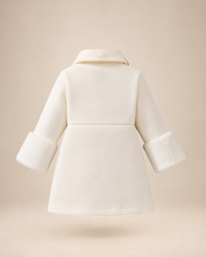 Veste Little Explorer Le Cocon d'Or pour bébé fille en maille blanche avec col à revers et poignets en fausse fourrure