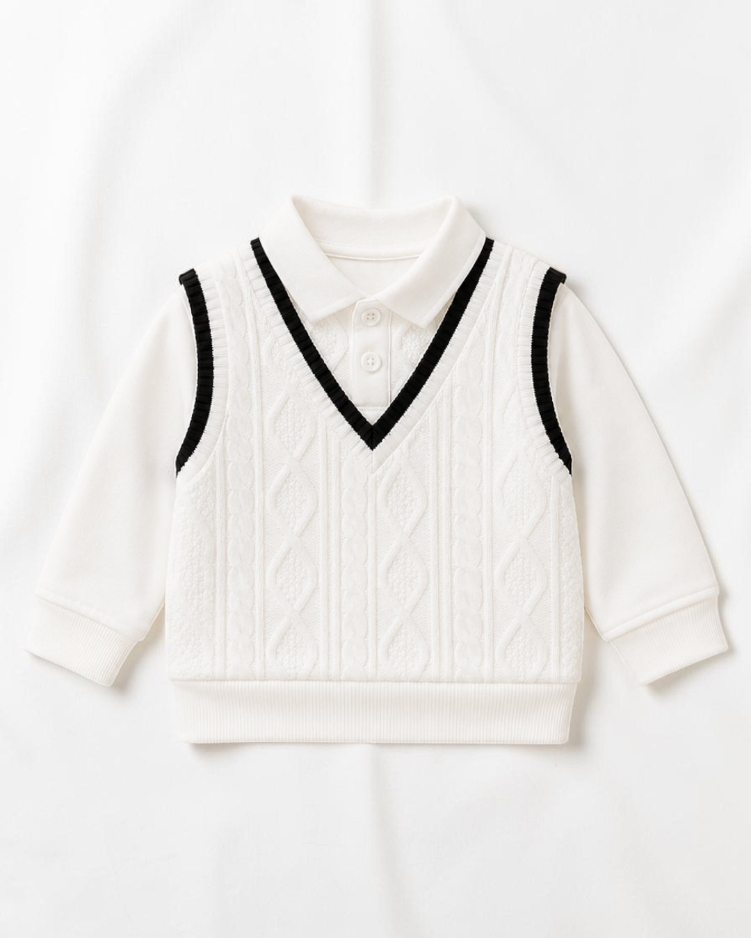 Polo en maille blanc pour bébé garçon Le Cocon d'Or avec col à revers, manches longues et détails contrastés noirs