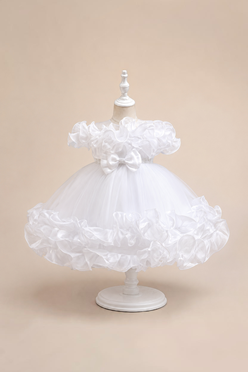Robe de cérémonie blanche Le Cocon d'Or pour bébé avec volants, perles et nœud décoratif sur un mannequin