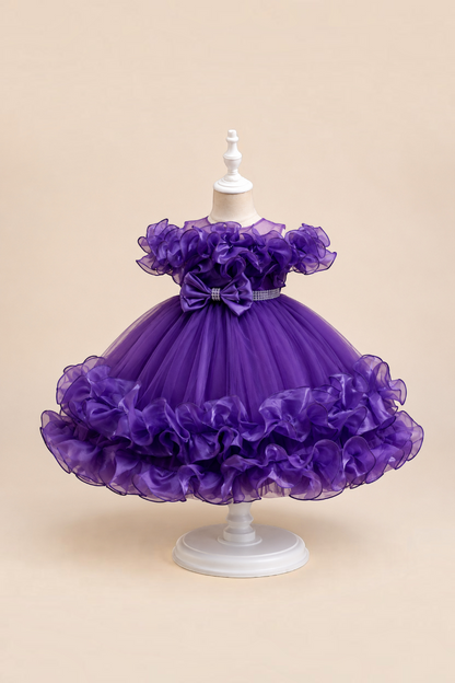 Robe de princesse violette Le Cocon d'Or avec volants en tulle, perles et nœud décoratif pour bébé fille