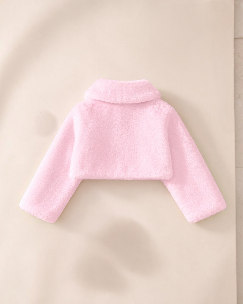 Boléro rose en fausse fourrure Le Cocon d'Or pour fille avec col à revers et coupe courte, idéal pour l'hiver.