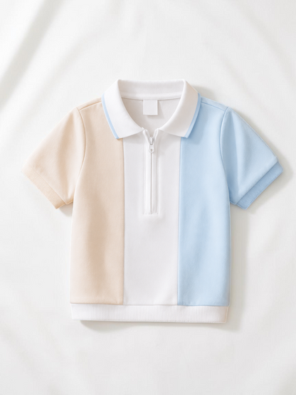 Polo bébé garçon Le Cocon d'Or à manches courtes, design color-block blanc, beige et bleu avec fermeture éclair