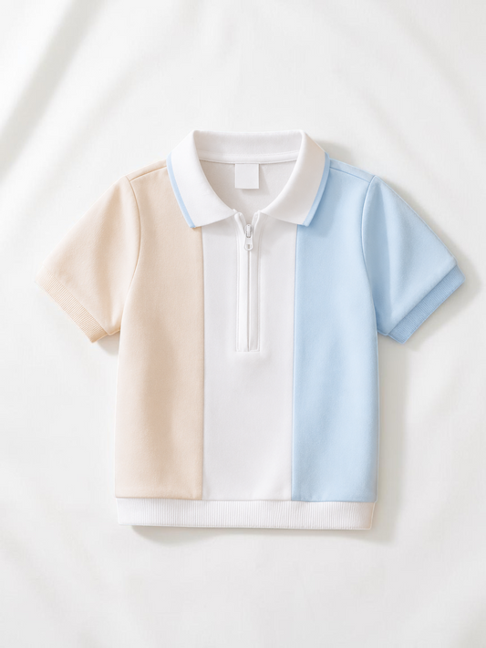 Polo bébé garçon Le Cocon d'Or à manches courtes, design color-block blanc, beige et bleu avec fermeture éclair