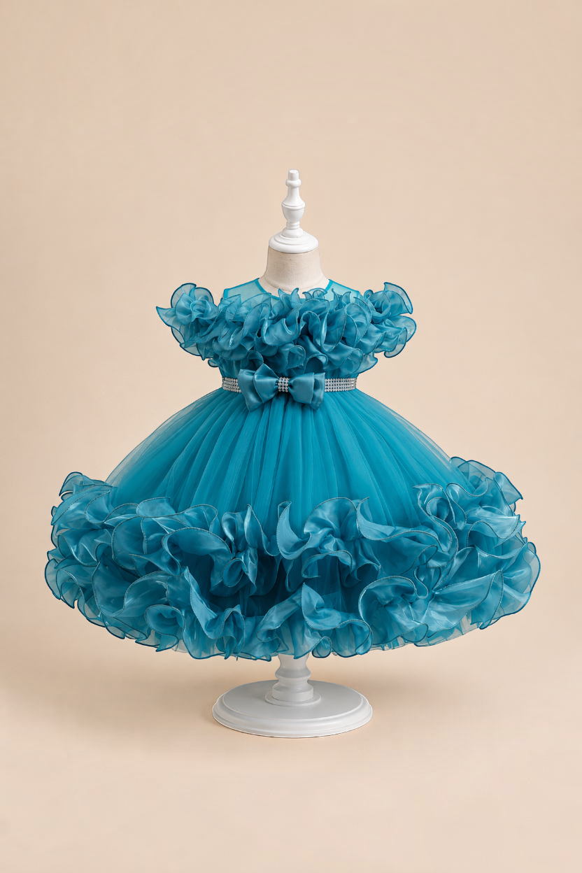 Robe de cérémonie Le Cocon d'Or bleu sarcelle avec volants, perles et nœud, style princesse pour bébé fille.